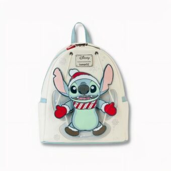 Rucksack für Kinder mit der Figur Stitch in weihnachtlichen Farben auf hellgrauem Hintergrund
