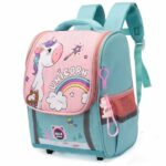 Ein Rucksack mit dem Thema Einhörner in den Farben Blau und Pastellrosa. Auf der rosafarbenen Klappe des Rucksacks ist ein Einhorn zu sehen, das in seiner rechten Pfote einen braunen Teddybär hält. Es gibt einen Regenbogen mit dem Schriftzug Unicorn darüber, einen Zauberstab und Sterne. Rechts neben dem Bild hängt ein kleiner Charm mit einem weiß-rosa Einhornmotiv. Die Ohren und der Schwanz haben einen Regenbogen in den Farben blau, rosa und gelb. Der Hintergrund des Bildes ist weiß.