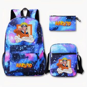 Dreiteiliges Naruto-Set in Blau- und Violetttönen: ein Rucksack links mit Narutos Kopf oben, ein Federmäppchen oben rechts und eine Umhängetasche unten rechts.