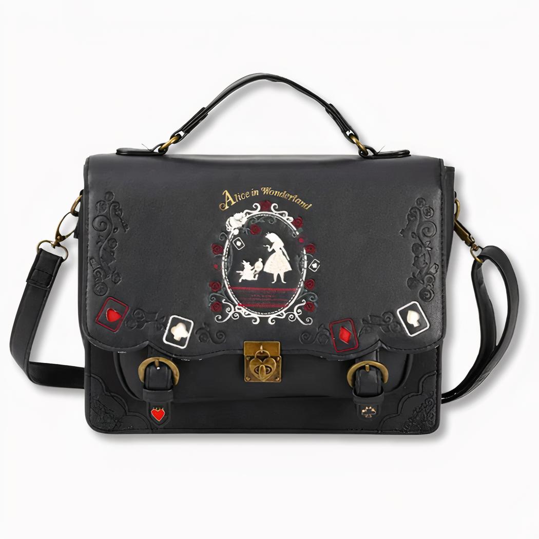 Schwarzer Schulrucksack im Vintage-Stil mit einer Frauensilhouette auf der Vorderseite, für Frauen, auf hellgrauem Hintergrund