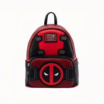 marvel Deadpool Mädchen-Rucksack in Rot und mit den Augen des Charakters auf der Vorderseite, auf weißem Hintergrund