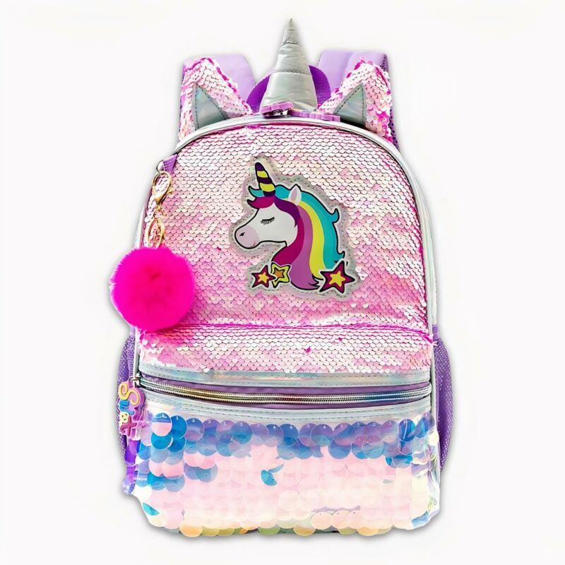 Sac_à_dos_licorne_brillant_avec_sequins_0.jpeg Foto eines Einhorn-Rucksacks mit einem Schlüsselanhänger aus rosa Pompons. Auf der Vorderseite des Rucksacks befindet sich ein weißes Einhorn mit einer Regenbogenmähne als Motiv. Die Tasche ist aurora-pink mit kleinen Pailletten am oberen Rand und großen Pailletten am unteren Rand. Es gibt eine Tasche auf der Vorderseite und auf der Oberseite ein Horn und zwei Ohren. Der Hintergrund des Bildes ist hellgrau.