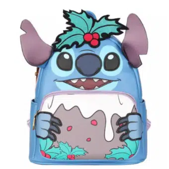 Kleiner blauer und weißer Rucksack mit dem Bildnis der Figur Stitch im Look von Elvis Prestley auf hellgrauem Hintergrund