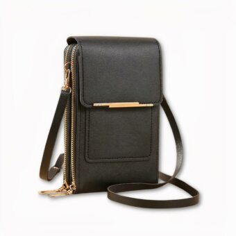 Foto einer schwarzen Umhängetasche, sie sieht aus wie eine Brieftasche. Sie verfügt über zwei Fächer, die mit einem Reißverschluss verschlossen werden können, und eine Vordertasche, die mit einer Klappe und einem Druckknopf verschlossen werden kann. Der Riemen ist verstellbar. Der Hintergrund des Bildes ist hellgrau.