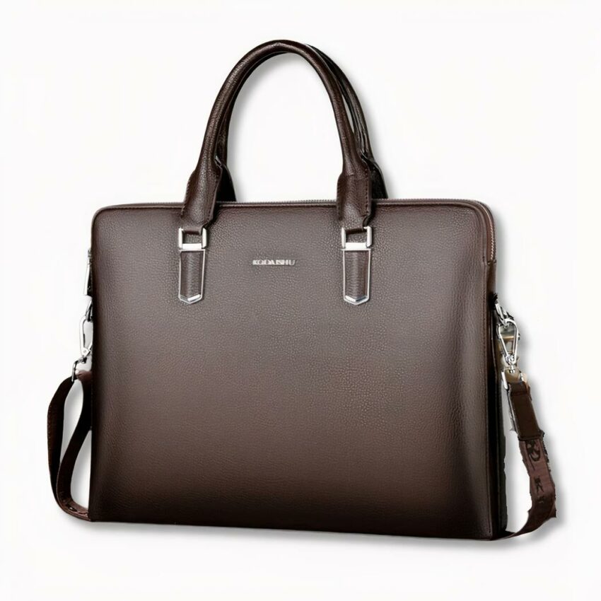 Messenger-Schulranzen aus Leder für Männer auf hellgrauem Hintergrund