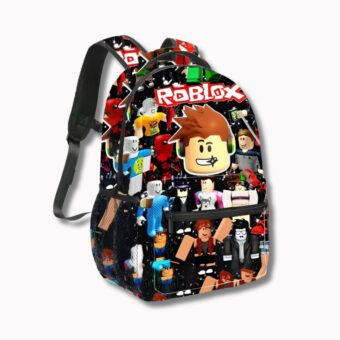 Cartable avec les personnages Roblox. Un grand compartiment, une poche à l'avant et 1 filet de chaque côté. Sur fond blanc.