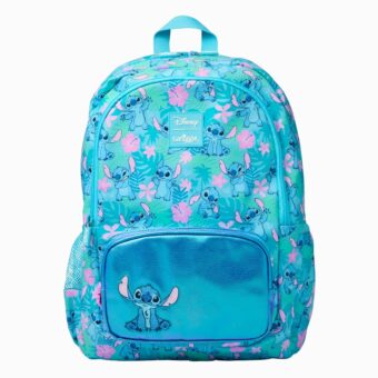 Stitch Rucksack mit metallisch blauer Tasche auf weißem Hintergrund.