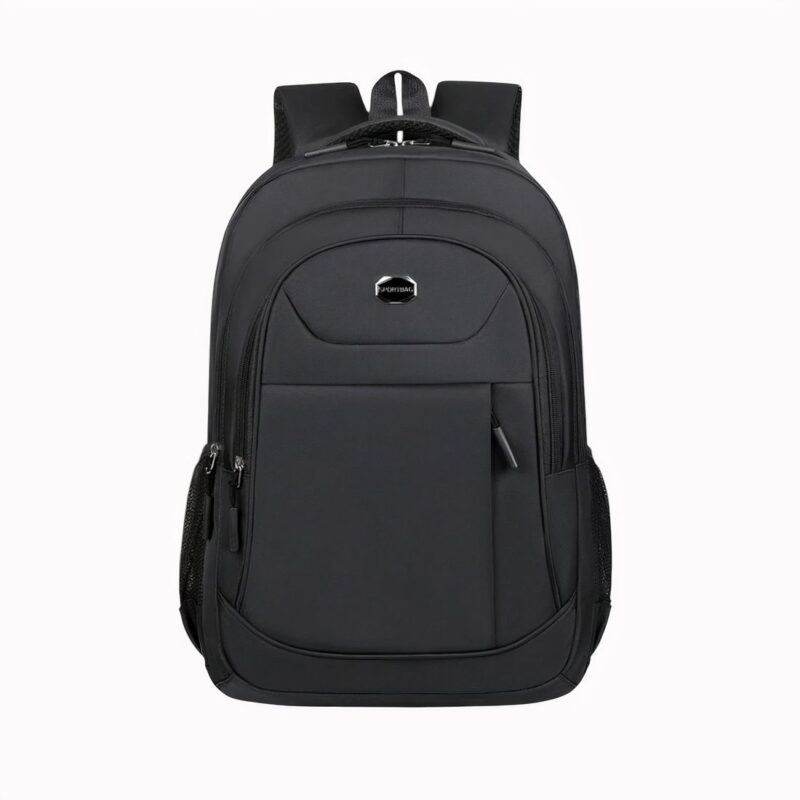 Sac à dos noir pour enfant avec détails colorés, plusieurs grandes poches zippées et bretelles rembourrées, vu de face.