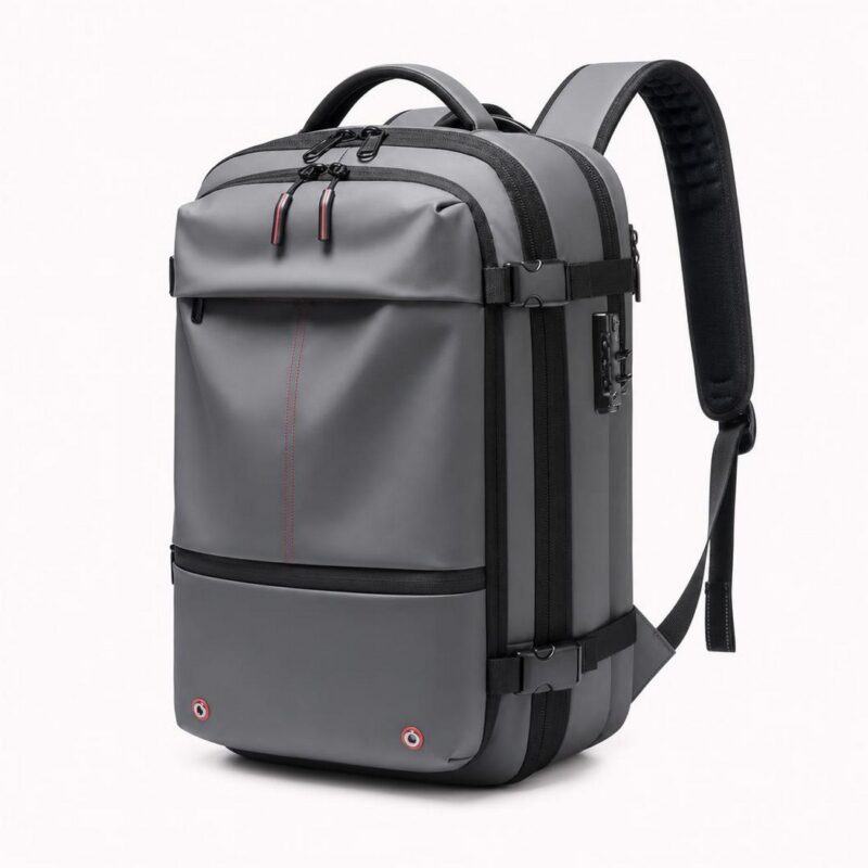IMG_06_26_reiserucksack_herren_vakuum_kompression_mit_pumpe_1.jpg Un sac à dos voyage homme compression sous vide avec pompe gris, avec plusieurs fermetures éclair, des sangles de compression et une poignée sur le dessus, sur fond blanc.