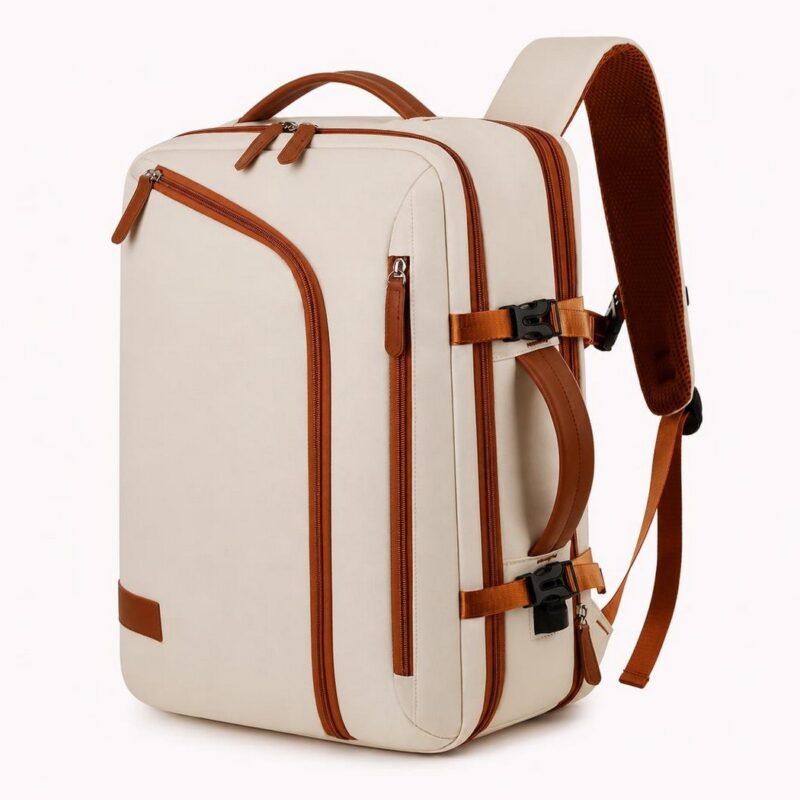 Un sac à dos voyage femme imperméable avec accents camel, beige et camel, avec poignée, poches zippées et bretelles réglables, posé sur fond blanc.