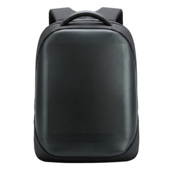Un sac à dos LED à écran personnalisable noir, avec une grande face lumineuse à l’avant et des bretelles, posé sur fond blanc.