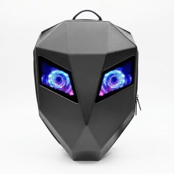 Un sac à dos LED moto extensible noir avec yeux programmables en forme de visage d’alien, avec une coque rigide noire et deux yeux lumineux bleus et roses sur fond blanc.
