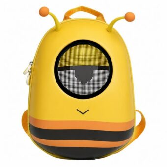 Un sac à dos LED pour enfant en forme d’abeille jaune, avec deux petites antennes, affichage lumineux sur le devant et bretelles visibles, posé sur fond blanc.