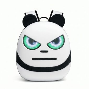 Un sac à dos LED pour enfant en forme de panda blanc et noir, avec de grandes oreilles rondes, des yeux lumineux verts et bleus, posé sur fond blanc.