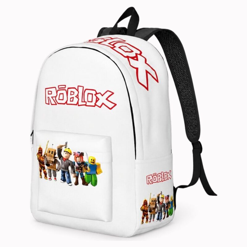 Roblox Rucksack mit rotem Logo und aufgereihten Charakteren, Vorderansicht