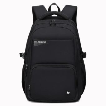 Un sac à dos scolaire enfant ergonomique style minimaliste noir avec plusieurs poches zippées, bretelles rembourrées et dos renforcé, posé sur fond blanc.