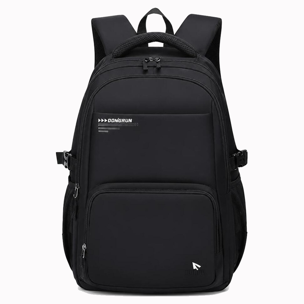 Un sac à dos scolaire enfant ergonomique style minimaliste noir avec plusieurs poches zippées, bretelles rembourrées et dos renforcé, posé sur fond blanc.