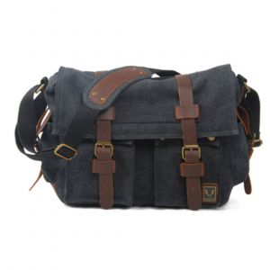 Herren-Schultertasche aus Canvas und Leder - Dunkelblau - Messenger Bag Tasche