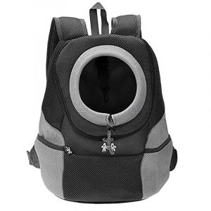 Doppelschulter-Spaziergangsrucksack für Hunde schwarz und grau mit weißem Hintergrund