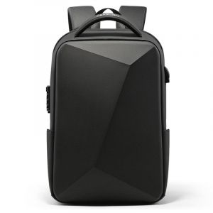 Rucksack aus Hartschale für einen Laptop. Er ist mit einem Zahlenschloss versehen. Der Rucksack ist schwarz und hat ein mordernes Design. Er hat einen kleinen Hüftgurt und zwei Schultergurte, um ihn auf dem Rücken zu tragen.
