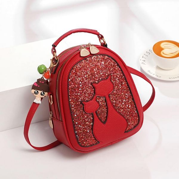 Glitter-Rucksack Aus Leder Mit Katzenmotiv - Rot - Handtasche Tasche