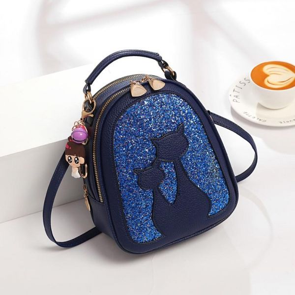 Glitter-Rucksack Aus Leder Mit Katzenmotiv - Blau - Handtasche Rucksack
