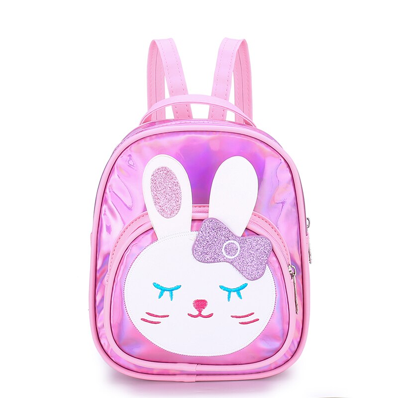 Reflektierender Rucksack aus Kunstleder für Mädchen mit rosa Kaninchenmotiv und weißem Hintergrund