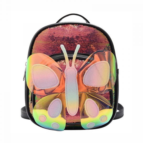 Schmetterlings-Rucksack Mit Mehrfarbigen Pailletten Und Weißem Hintergrund