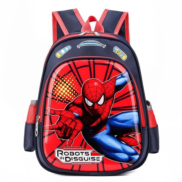 Lustiger Spider-Man Schulrucksack in blau und rot mit weißem Hintergrund