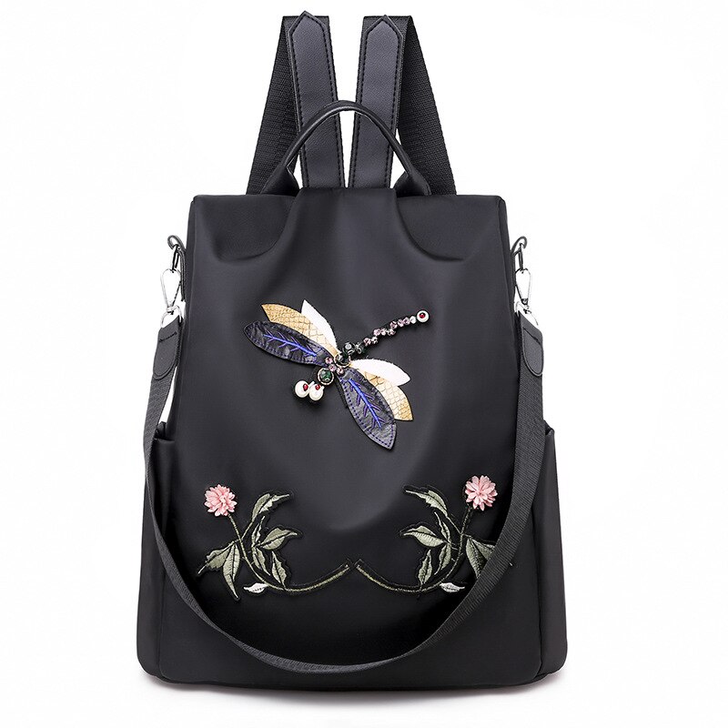 Modischer Rucksack mit besticktem Blumen- und Schmetterlingsmotiv für Frauen in Schwarz