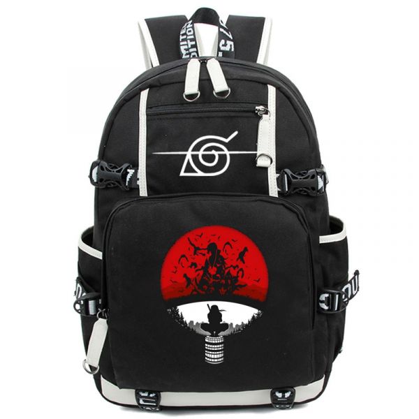 Schwarzer Rucksack Mit Dem Logo Des Uchiwa-Clans Und Seitentaschen