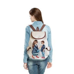 Rucksack aus Leinen mit Mutter-und-Sohn-Motiv und Seitentaschen