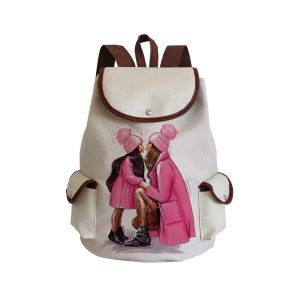 Rucksack aus Leinen mit Mutter- und Tochtermotiv mit Seitentaschen