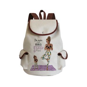 Rucksack aus Leinen mit Mutter- und Tochtermotiv in beige mit Seitentaschen