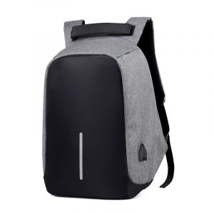 Wasserdichter und reflektierender Anti-Diebstahl-Rucksack mit USB-Ladegerät in grau und schwarz mit weißem Hintergrund