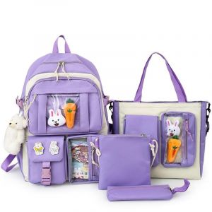 Violetter Teenager-Rucksack mit mehreren Fächern und weißem Hintergrund