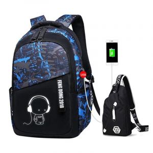 Rucksack mit Graffiti-Motiv und USB-Anschluss für Jungen in Blau und Schwarz mit weißem Hintergrund