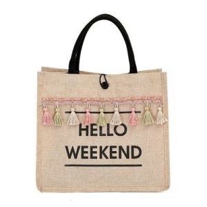 Strandtaschen aus Leinen für Frauen mit modischem Hello Weekend-Muster