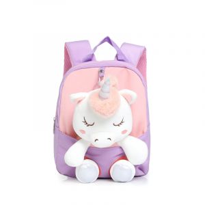 Niedlicher Rucksack mit schlafendem Einhorn für kleine Mädchen in Lila und Rosa mit weißem Hintergrund