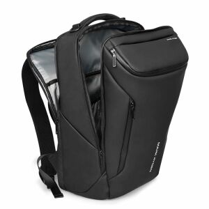 Ein schwarzer Computerrucksack, der auf einem weißen Hintergrund auf dem Boden steht. Er hat Taschen an den Seiten und zwei schwarze Schulterriemen auf der Rückseite. Der Rucksack hat einen modernen Stil.