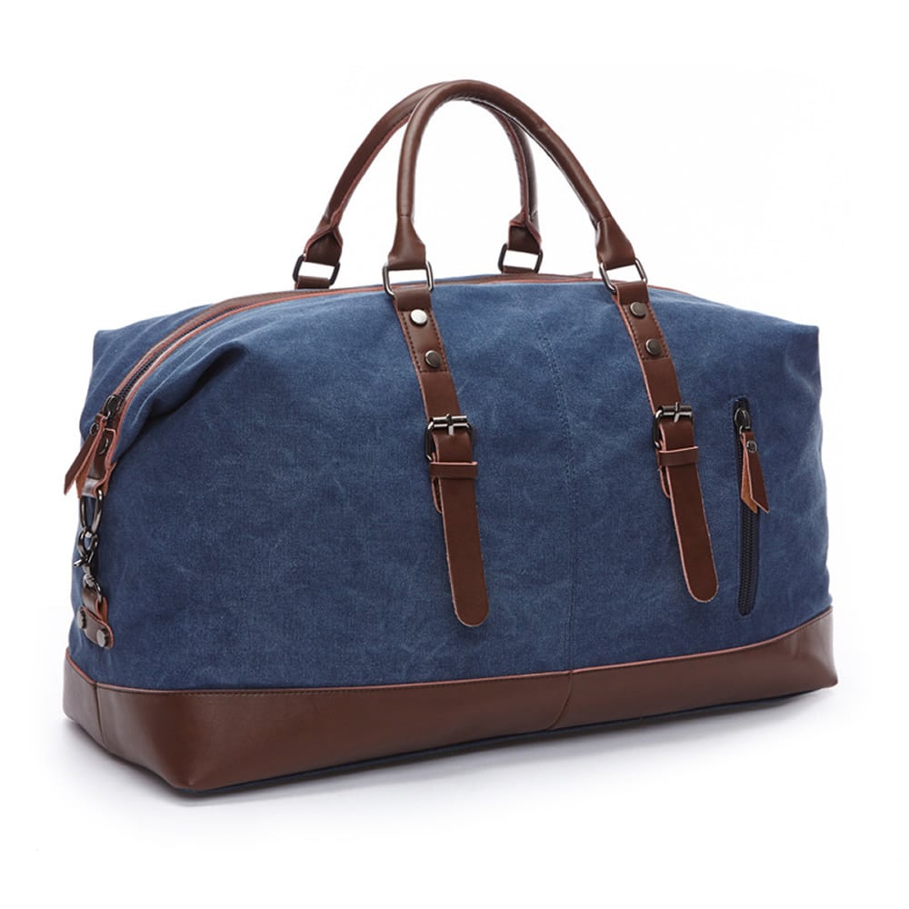 Herren-Reisetasche aus blauem und braunem Canvas mit weißem Hintergrund