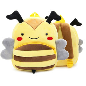 Schulrucksack aus Samt in Form einer gelben und braunen Biene mit kleinen Fühlern, von vorne und im Hintergrund dargestellt, der Rucksack wird auch von hinten dargestellt, wo man die braunen Riemen sieht