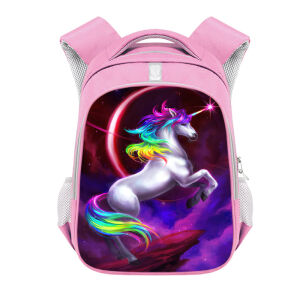 CP-Rucksack für Kinder, rosa, mit einem Foto eines bunten Einhorns, das sich auf der Vordertasche aufbäumt, auf weißem Hintergrund dargestellt