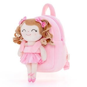 erstklassiger Rucksack für Kinder, rosa, mit einer Plüschpuppe eines kleinen Mädchens auf der Vorderseite, das als kleine Balletttänzerin gekleidet ist und mit geschlossenen Augen lächelt